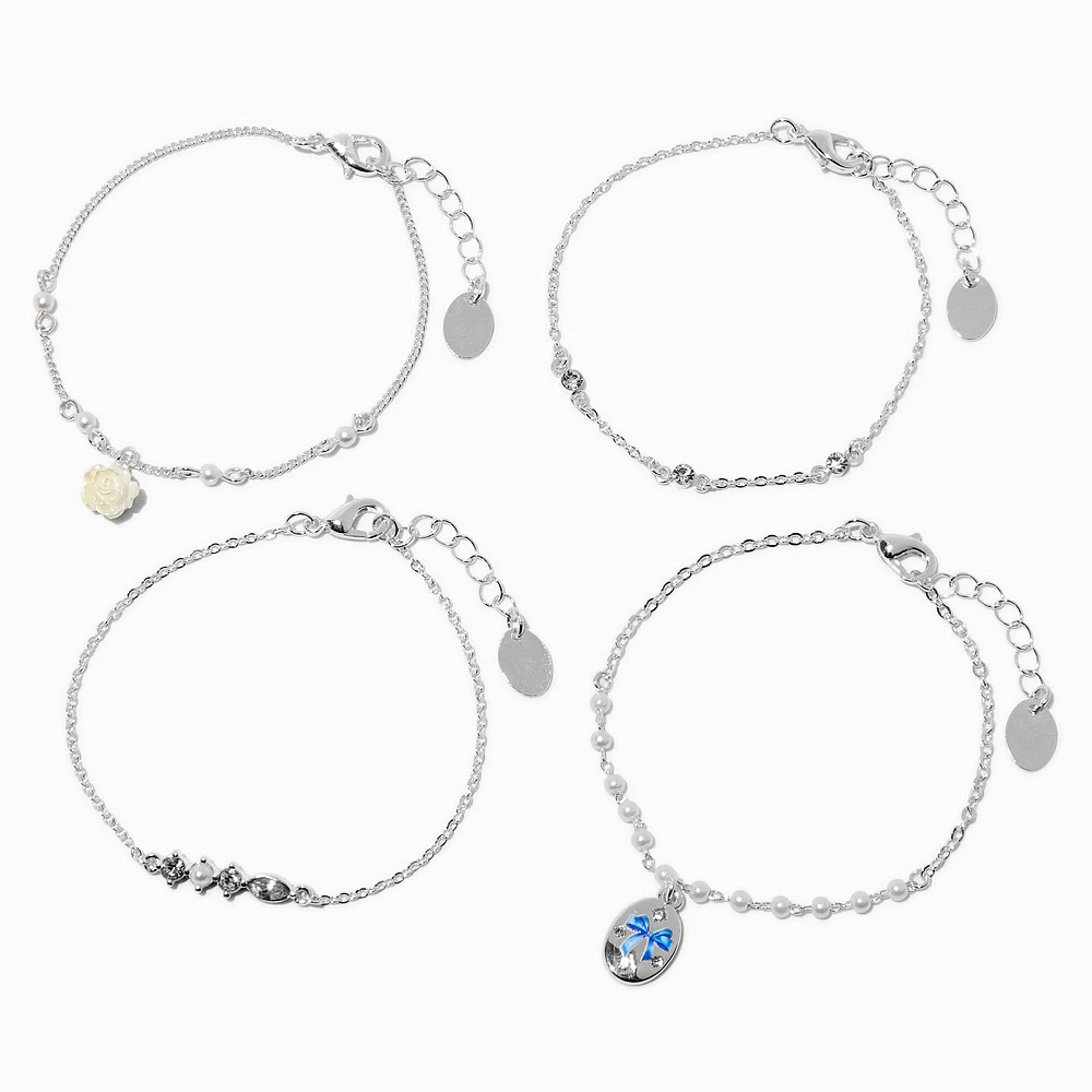 Silver-tone Pearl & Rose Chain Bracelets - 4 Pack