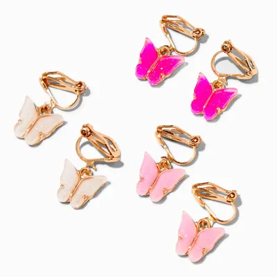 Pink Glow-in-the-Dark Butterfly Gold Clip On Earrings - 3 Pack