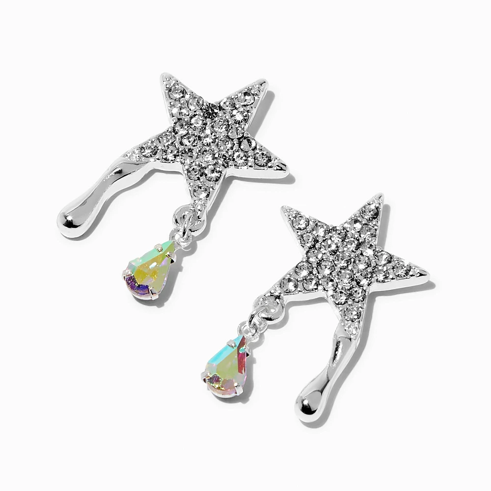 Silver-tone Pavé Star Iridescent Teardrop Drop Earrings