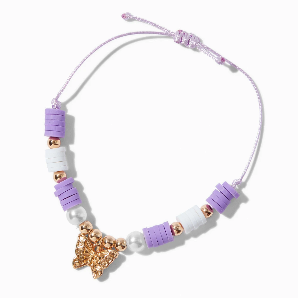 Gold-tone Butterfly Purple Beaded Adjustable Bracelet