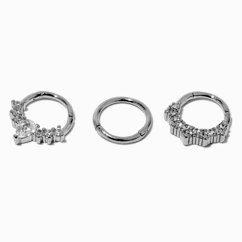 Silver-tone Stainless Steel Crown 16G Septum Nose Hoop - 3 Pack