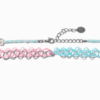 Iridescent Heart & Tattoo Choker Necklace Set - 2 Pack