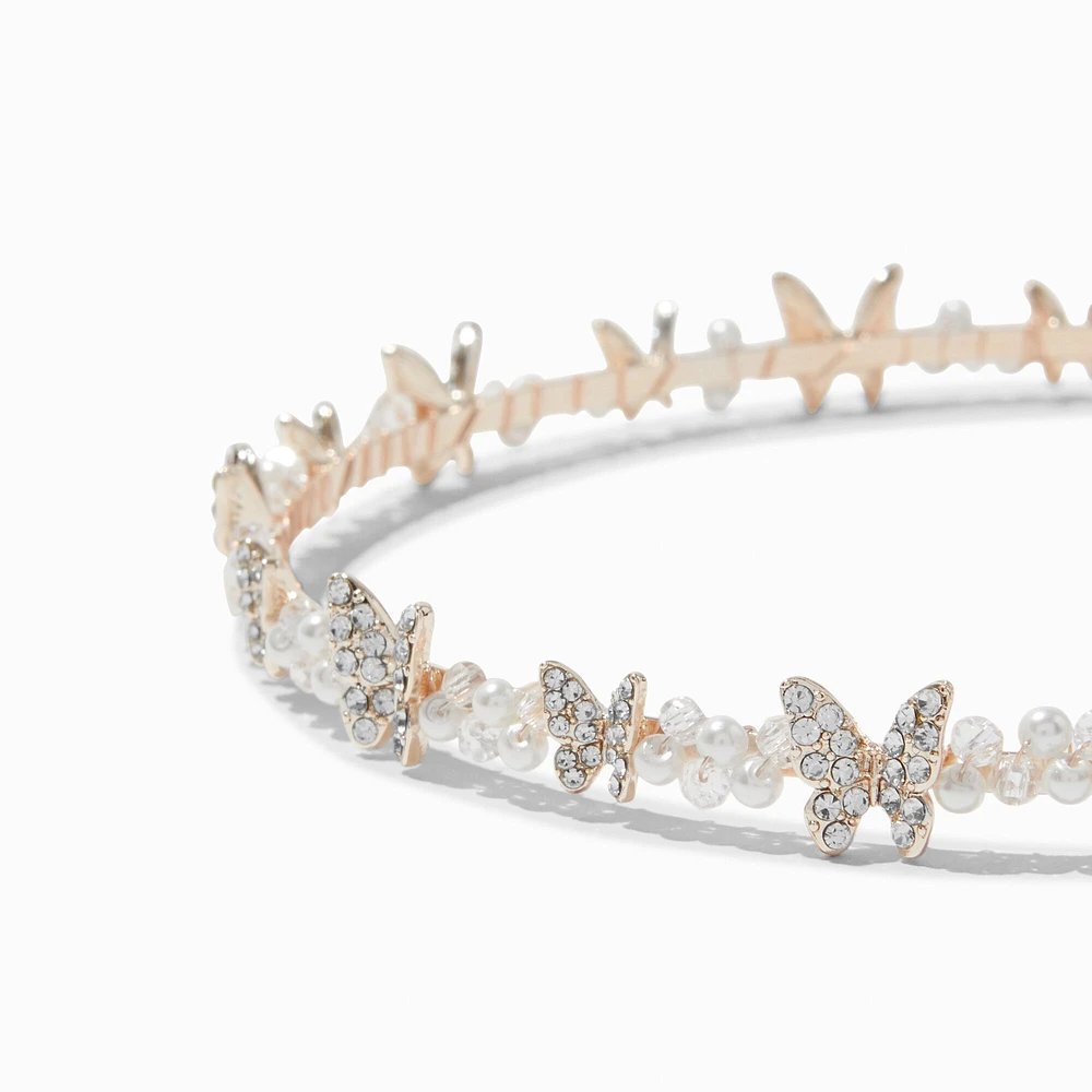 Rose Gold-tone Crystal Butterfly & Pearl Headband