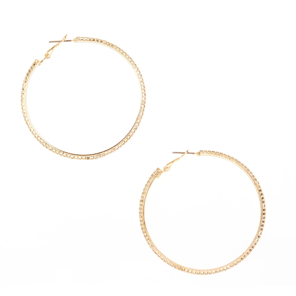 Gold 50MM Glass Rhinestone Studded Hoop Earrings