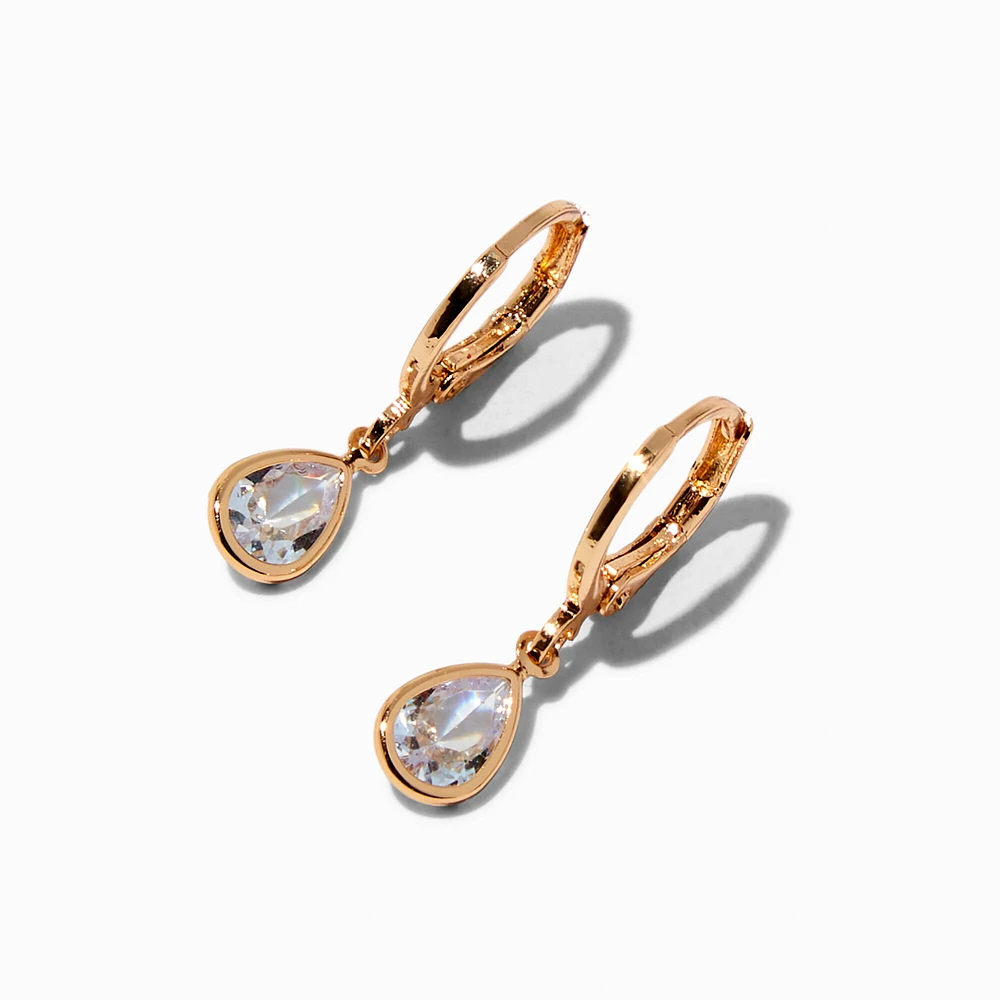Pear Cubic Zirconia Gold-tone Huggie Hoop Drop Earrings