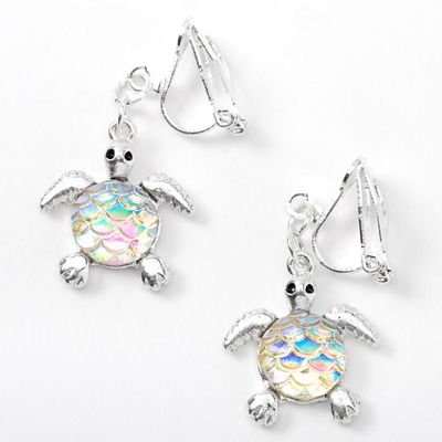 Silver 1" Iridescent Scale Turtle Clip On Drop Earrings