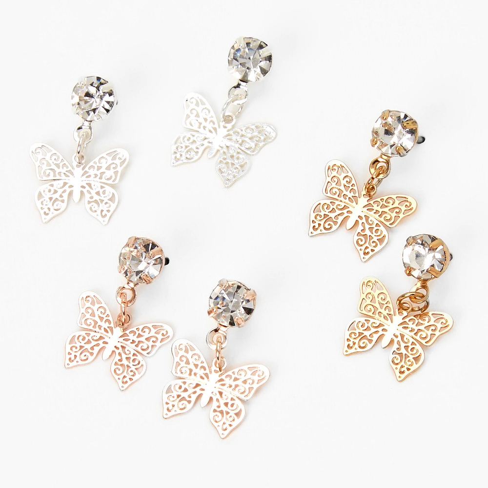 Mixed Metal 0.5" Filigree Butterfly Drop Earrings - 3 Pack