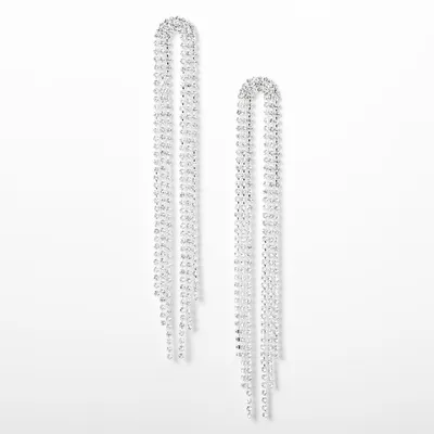 Silver Rhinestone 4" Horse Tail Fringe Drop Earrings