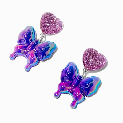 Purple Puffy Butterfly & Heart Drop Earrings