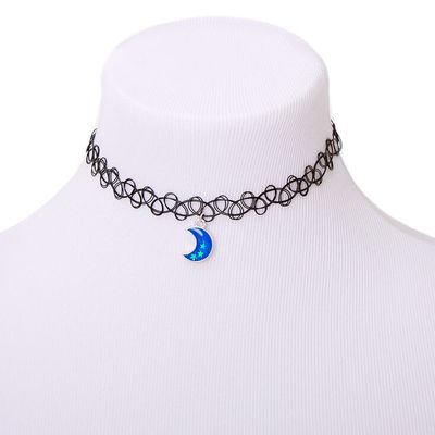 Crescent Moon Glow In The Dark Tattoo Choker Necklace - Blue