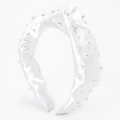 Satin Pearl Knotted Headband - White