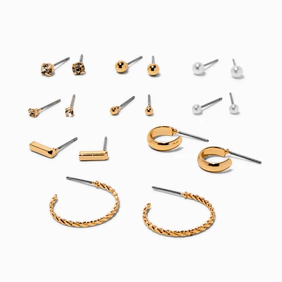 Gold-tone Crystal & Pearl Basic Earrings Set - 9 Pack