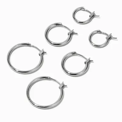 Silver Graduated Hinge Hoop Earrings - 3 Pack