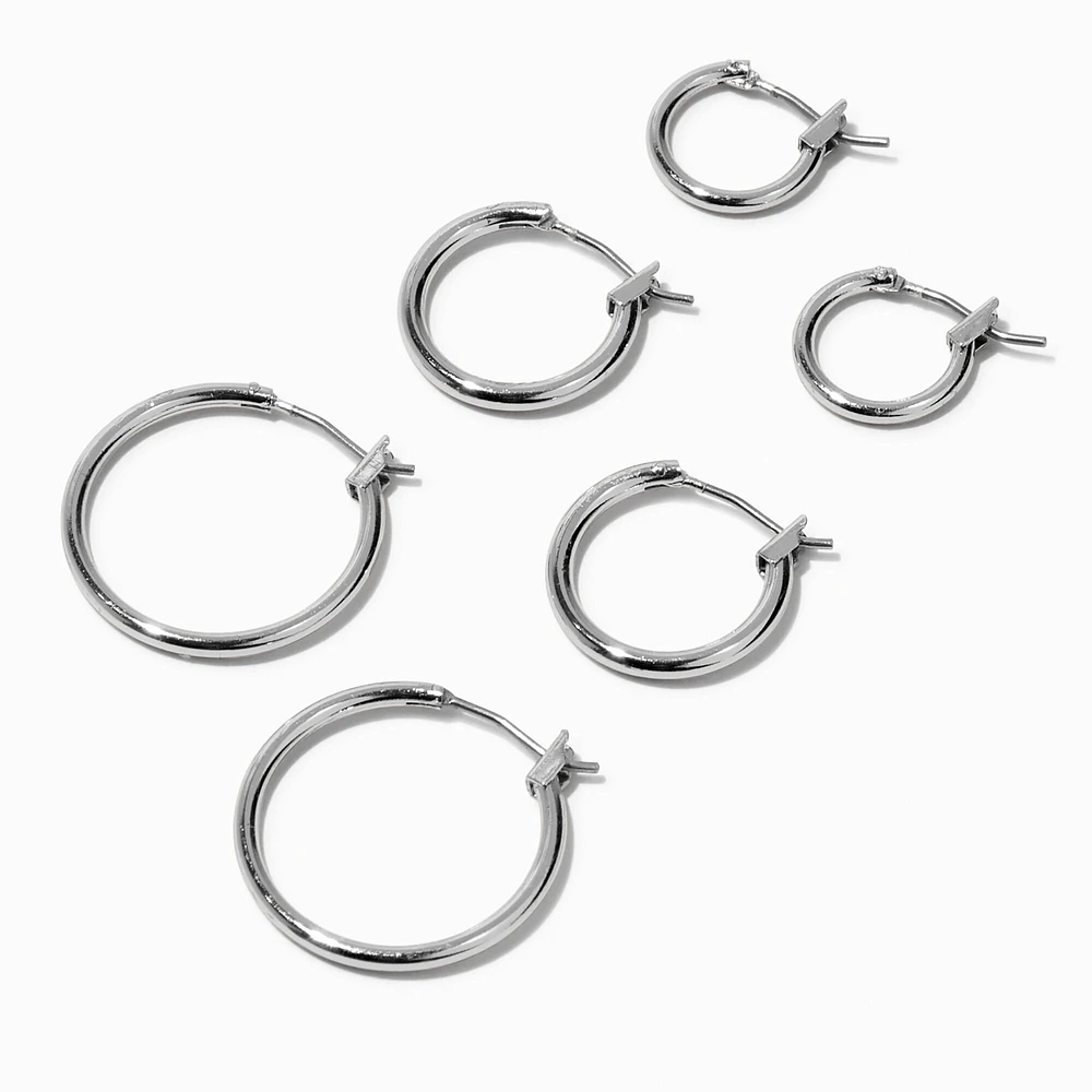 Silver-tone Graduated Hinge Hoop Earrings - 3 Pack