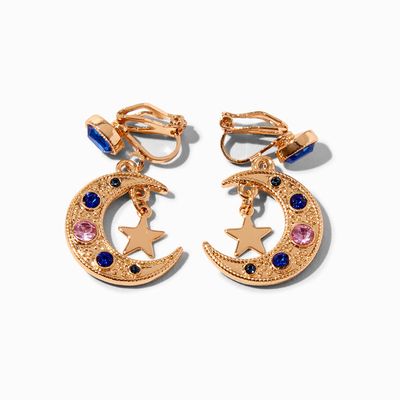 Gold 1" Blue Crescent Moon Star Clip On Drop Earrings