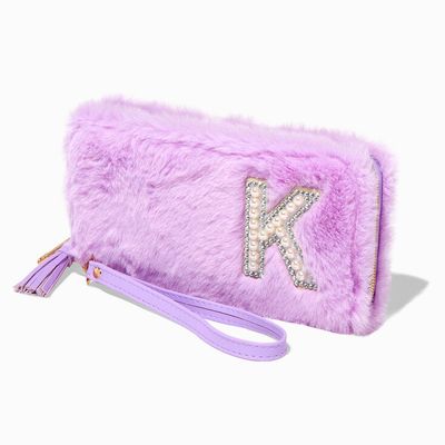 Lavender Furry Pearl Initial Wristlet Wallet