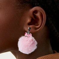 Pink Cat Pom Pom 1.5" Clip On Drop Earrings