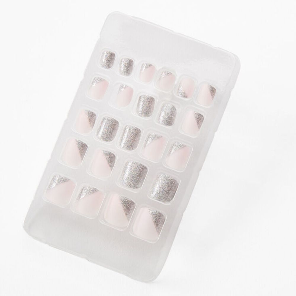 Silver Asymmetrical Square Press On Vegan Faux Nail Set - 24 Pack