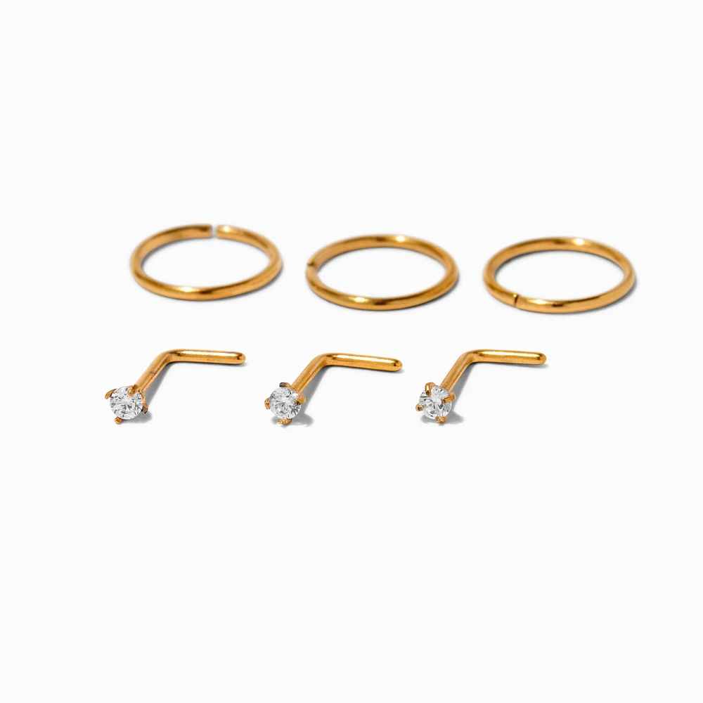 Gold-tone Titanium Cubic Zirconia 20G Studs & Hoops - 6 Pack