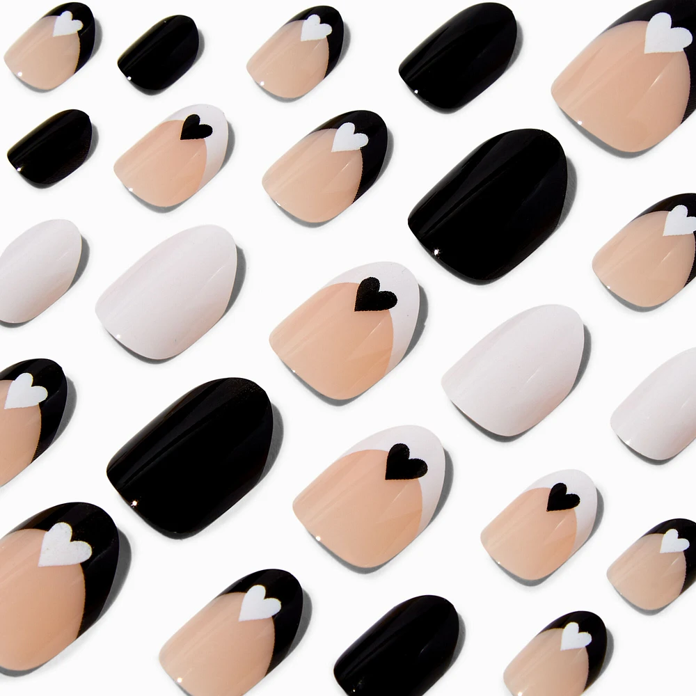 Black & White Hearts Round Vegan Press On Faux Nail Set - 24 Pack