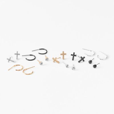 Mixed Metal Crystal Cross Earrings Set - 9 Pack