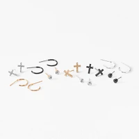 Mixed Metal Crystal Cross Earrings Set - 9 Pack