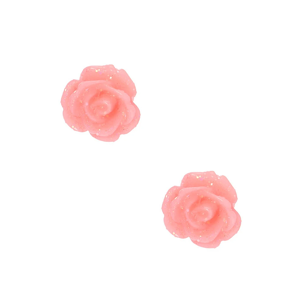 Pink Carved Rose Sterling Silver Post Stud Earrings