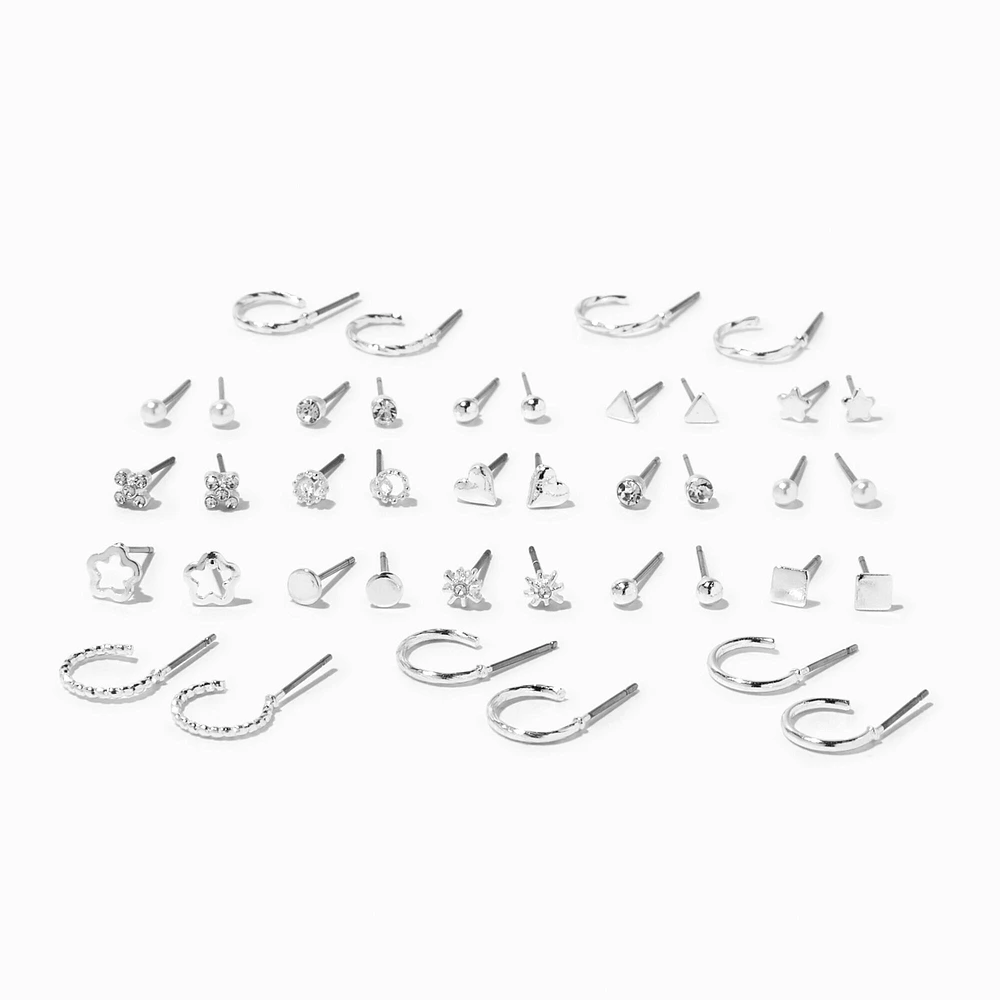 Silver Geometric Stud Earrings - 20 Pack