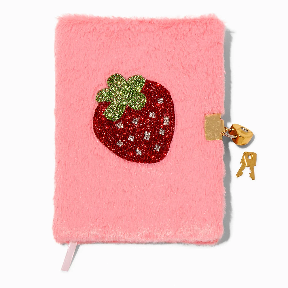 Rhinestone Strawberry Pink Furry Lock Diary