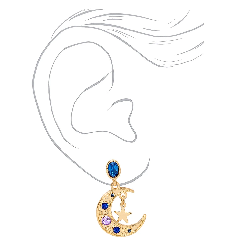 Gold-tone Blue Crescent Moon Star 1" Drop Earrings