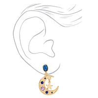 Gold-tone Blue Crescent Moon Star 1" Drop Earrings