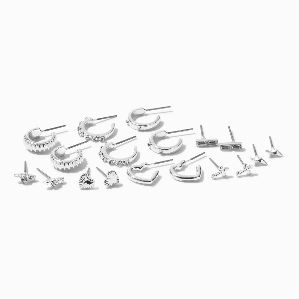 Silver-tone Crystal Mixed Motif Earring Stackables Set - 9 Pack