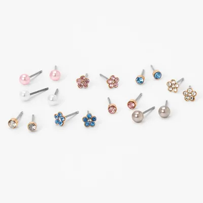 Gold Flower Crystal Pearl Stud Earrings - 9 Pack