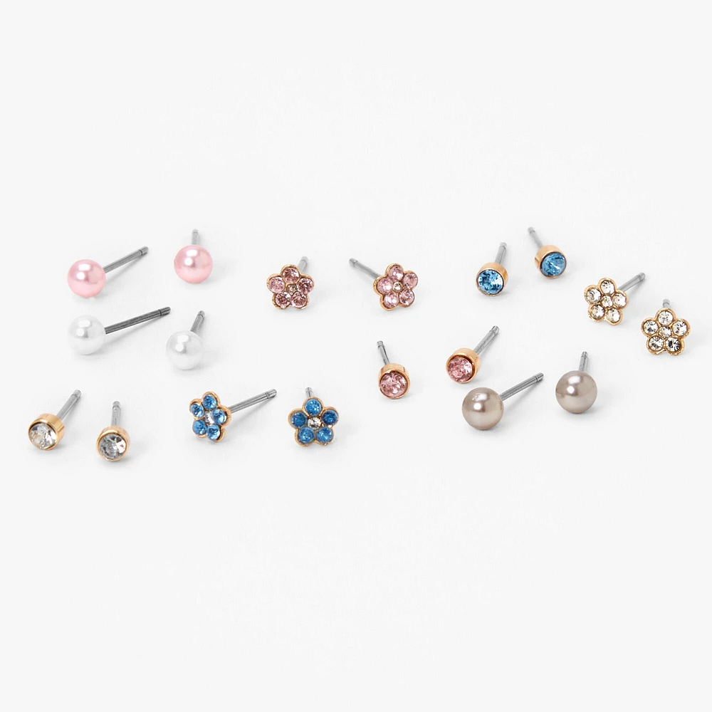 Gold Flower Crystal Pearl Stud Earrings - 9 Pack