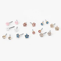 Gold Flower Crystal Pearl Stud Earrings - 9 Pack