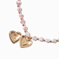 Gold-tone Heart Locket Rose Beaded Necklace