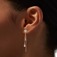 Gold-tone Pink Clover Pearl Chain Drop Earrings