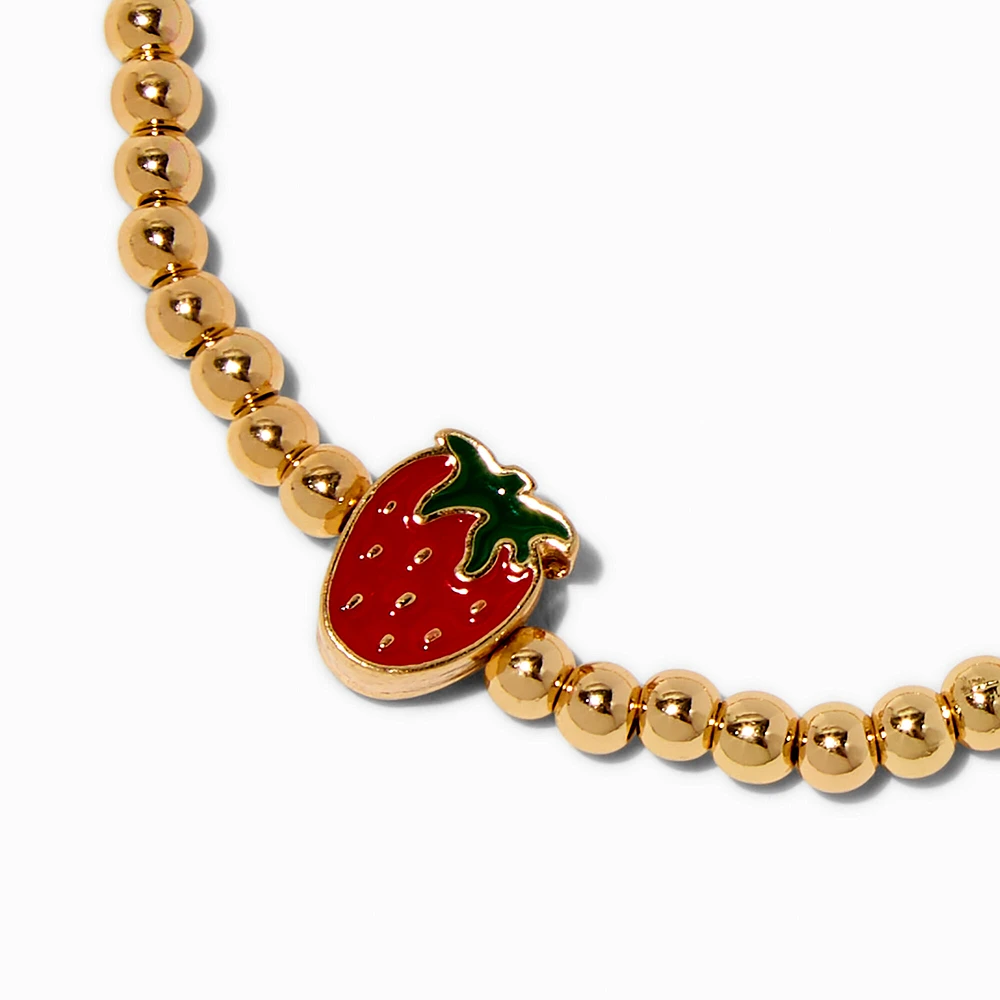 Strawberry Charm Gold-tone Shot Bead Stretch Bracelet