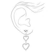 Silver 1.5" Triple Heart Clip On Drop Earrings