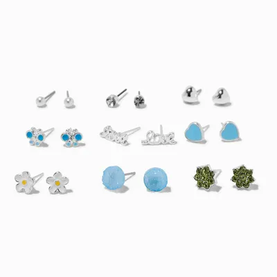 Blue Love Silver-tone Stud Earrings - 9 Pack