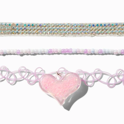 Iridescent Band & Pink Heart Choker Necklaces - 3 Pack