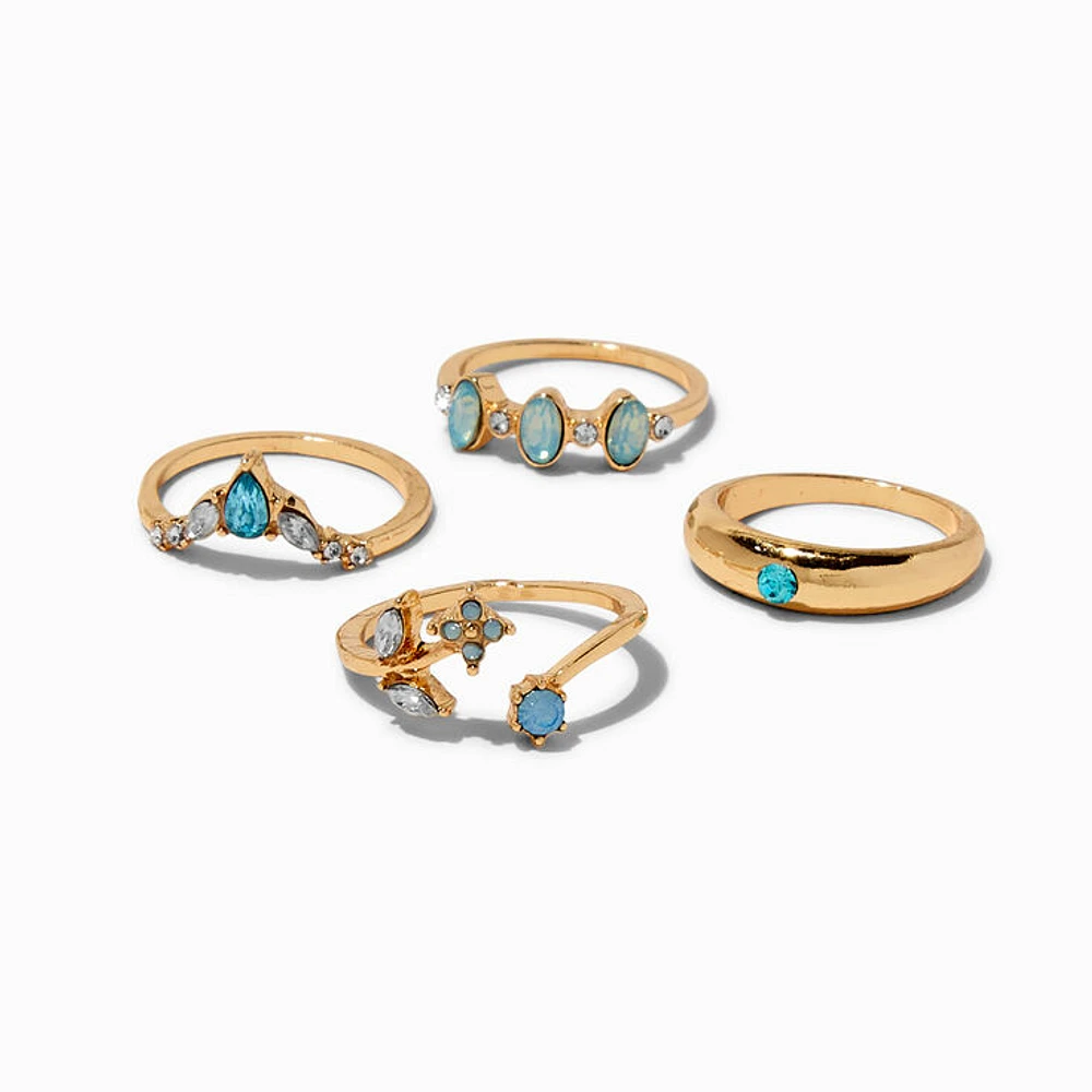 Light Blue Crystal Gold-tone Ring Set - 4 Pack