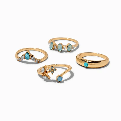 Light Blue Crystal Gold-tone Ring Set - 4 Pack