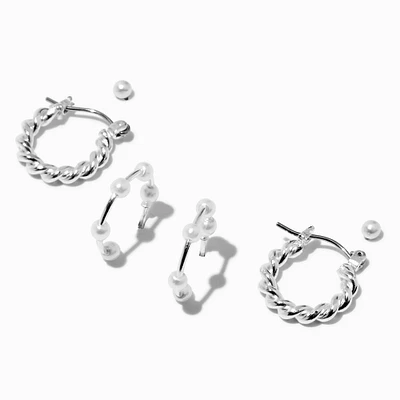 Silver-tone Twisted Pearl Hoop Earring Stack - 3 Pack