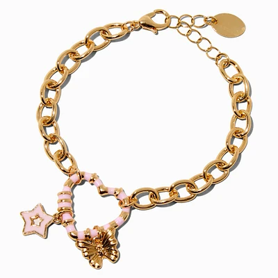Gold-tone Pink Heart Link Chain Bracelet