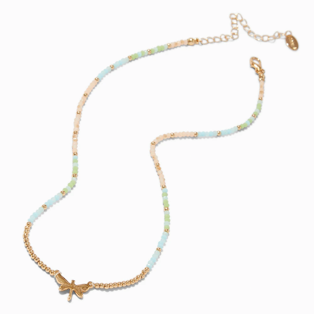 Gold-tone Dragonfly Seed Bead Pendant Necklace