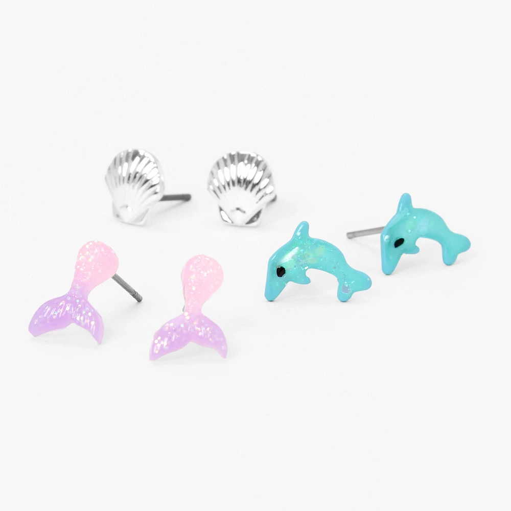 Seashell, Dolphin, & Mermaid Stud Earrings - 3 Pack