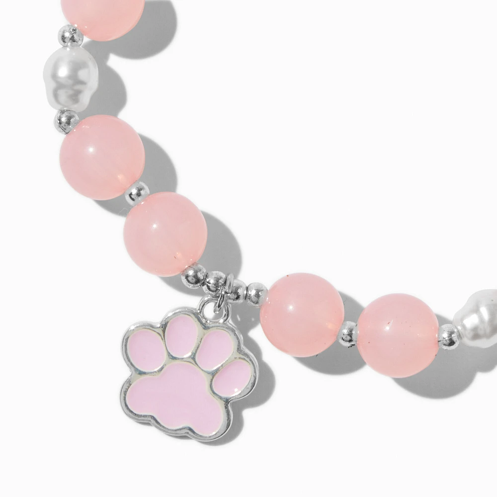 Pink Dog Paw Charm Beaded Stretch Bracelet