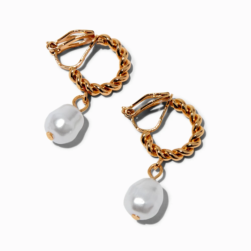 Pearl & Gold-tone Twist Hoop Clip On Earrings