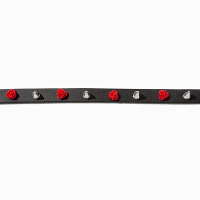 Red Rose & Silver-tone Spike Black Choker Necklace